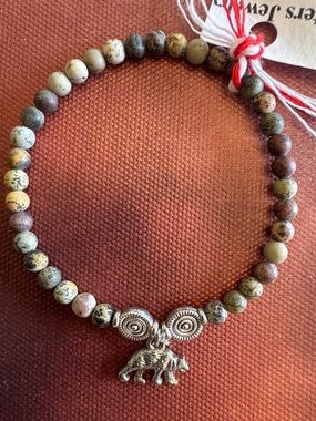 Beaded Jasper Stretch Bracelet with Bear Charm - Earth Tones